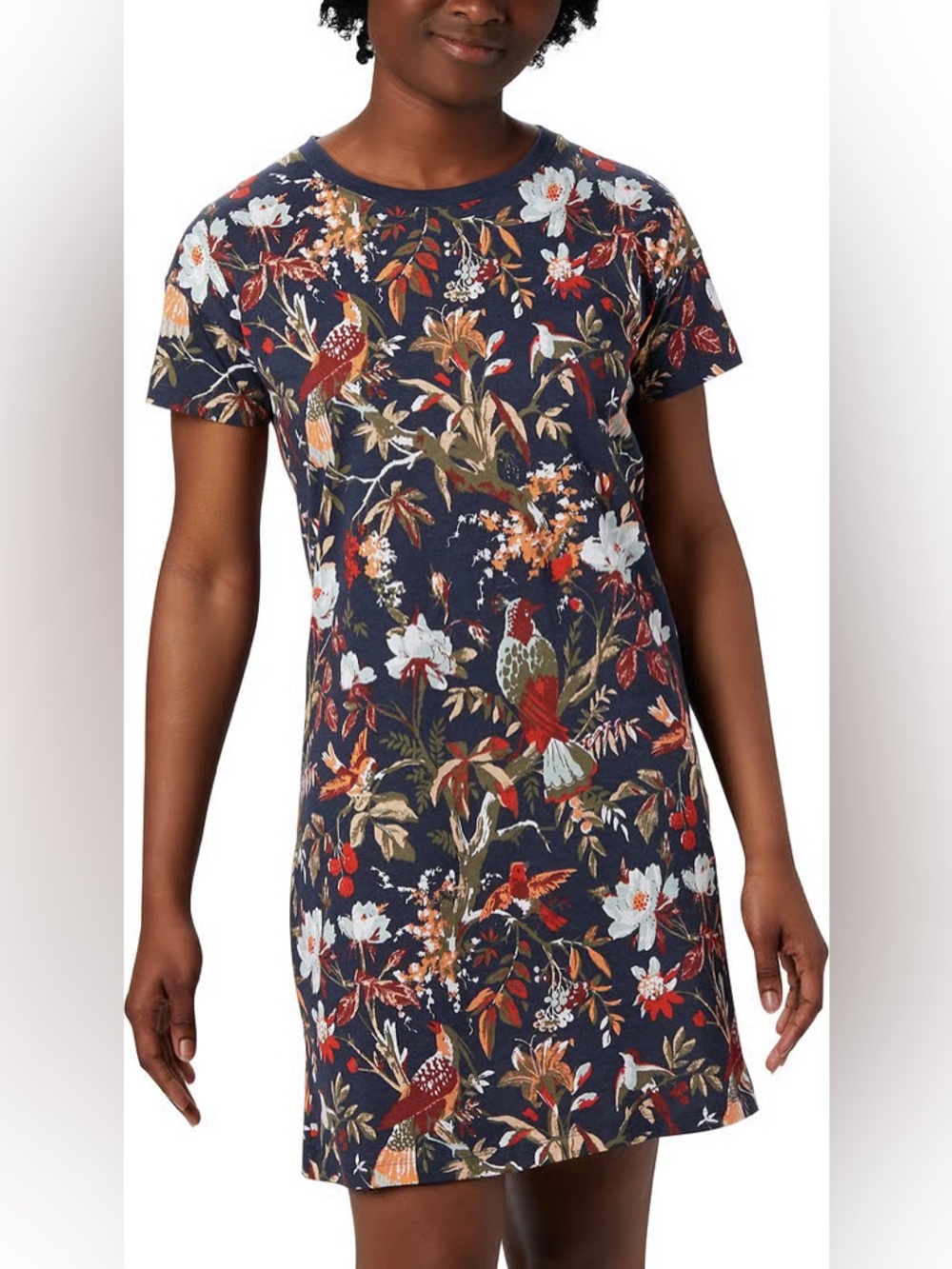 Columbia Park Printed Dress Floral & Bird Navy Short Sleeve Preppy Size M